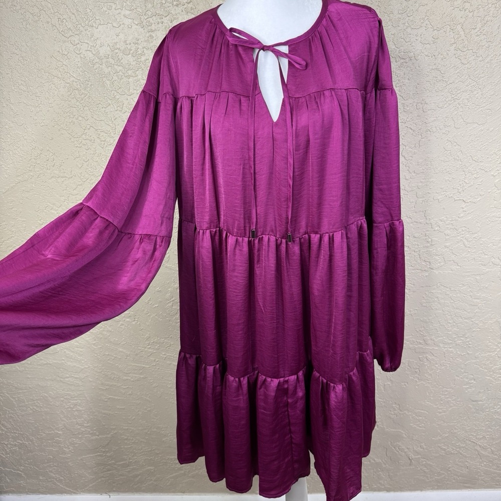 &Merci Satin Tiered Ruffle Shift Dress Puff Sleeve Size L Magenta Silky Babydoll